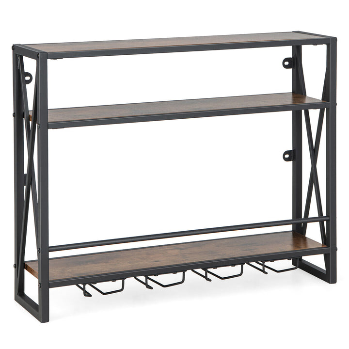 Wall Mounted Wine Rack Industrial 3-Tier Shelf with Glass Holders for Kitchen Image 9