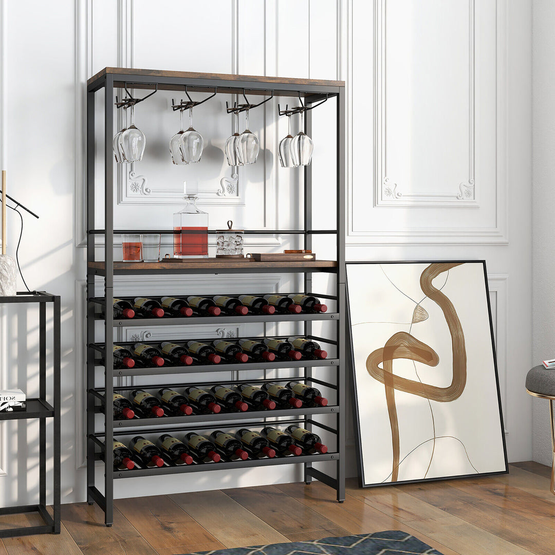 32 Bottles Wine Rack Rustic Wine Storage Holder Freestanding W/ Glass Holder Image 4