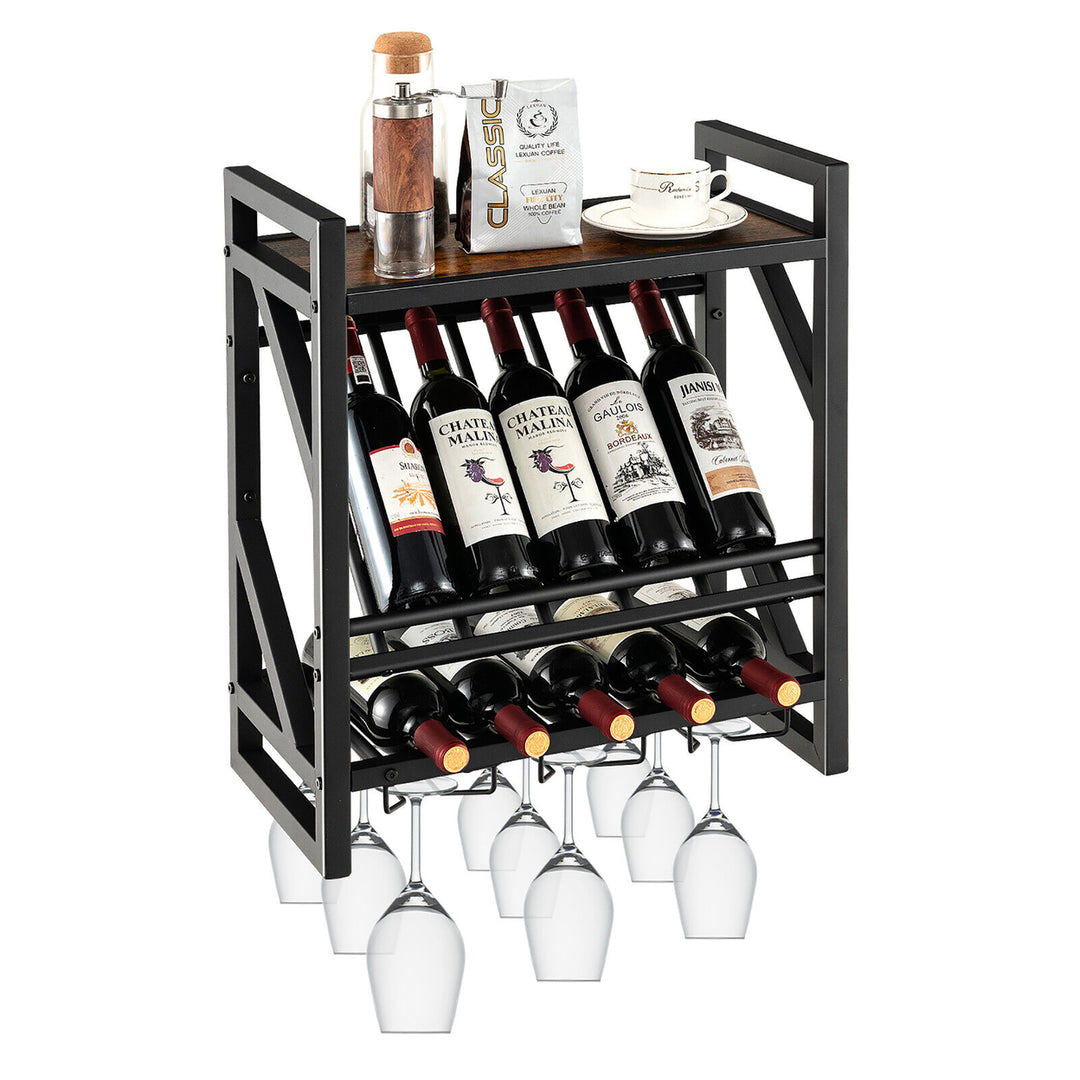 Wall Mounted Rustic Wine Rack 10 Bottles Wine Display Holder W/ Glass Holder Image 1