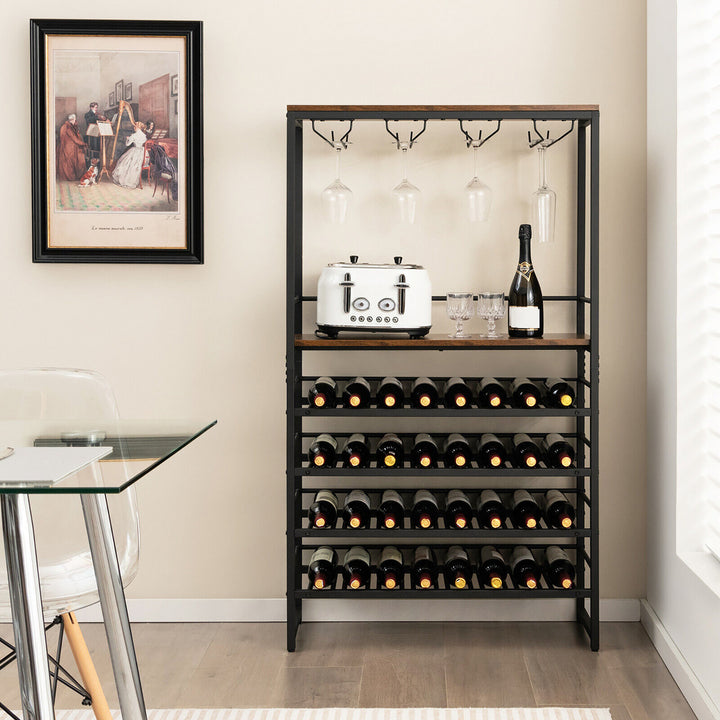 32 Bottles Wine Rack Rustic Wine Storage Holder Freestanding W/ Glass Holder Image 4