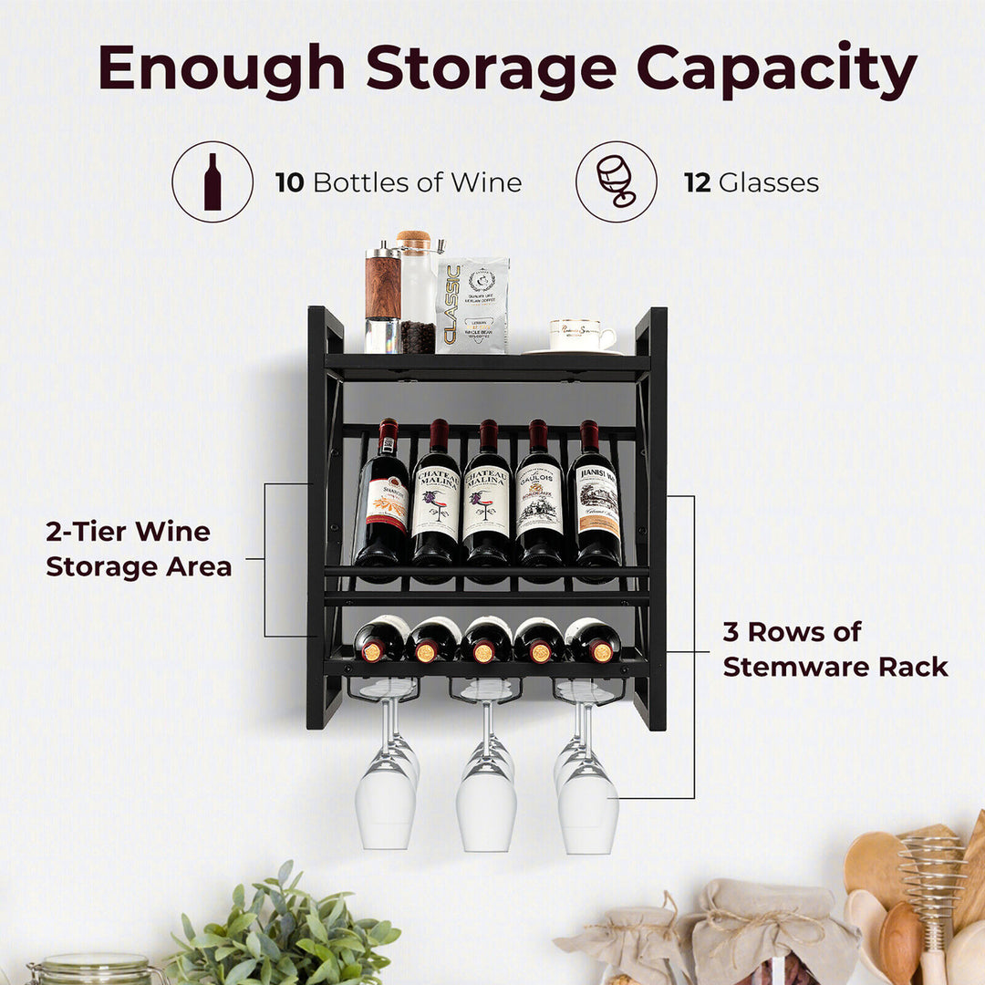 Wall Mounted Rustic Wine Rack 10 Bottles Wine Display Holder W/ Glass Holder Image 4