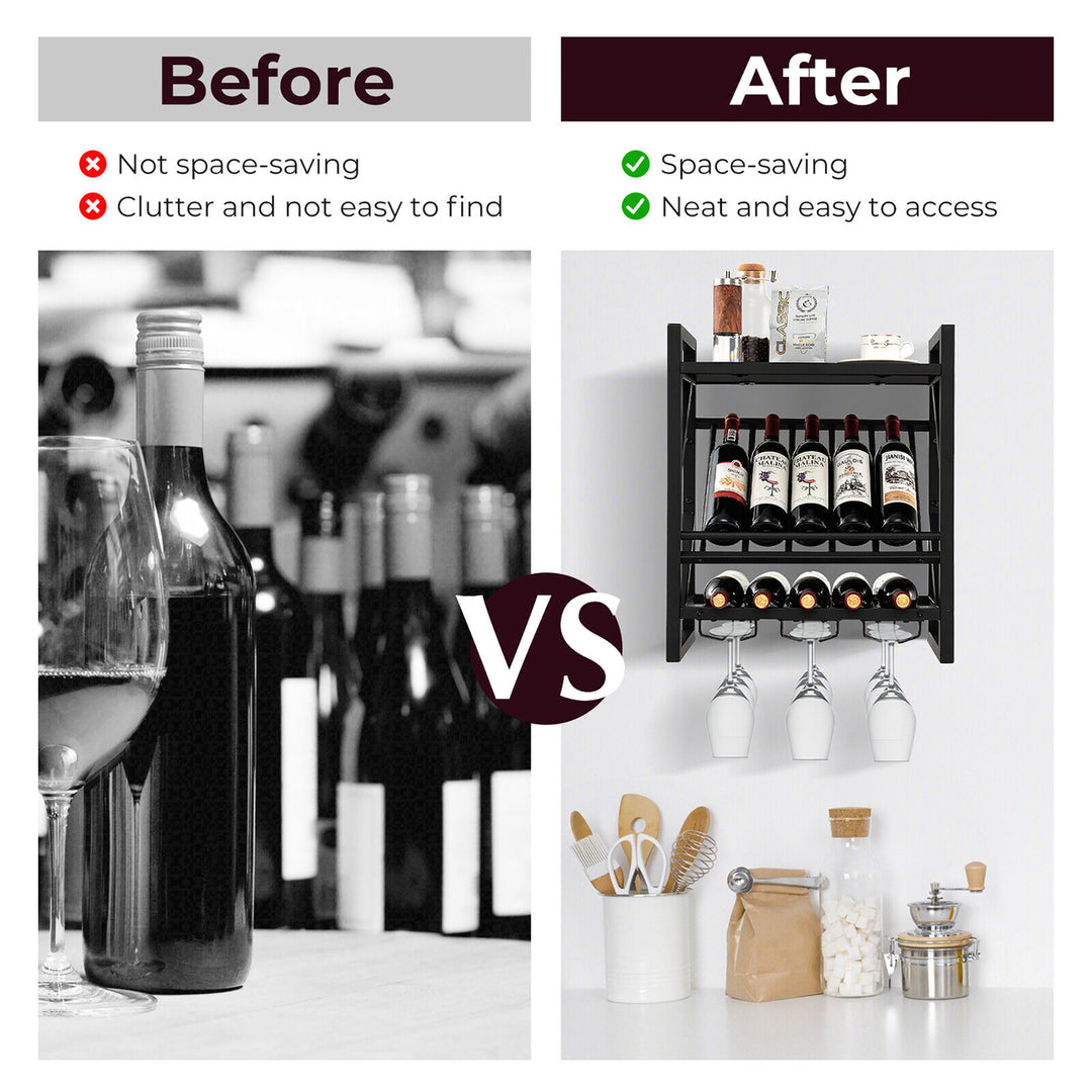 Wall Mounted Rustic Wine Rack 10 Bottles Wine Display Holder W/ Glass Holder Image 7