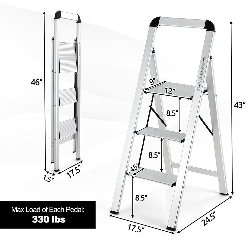 3 Step Ladder Aluminum Folding Step Stool 330lbs Lightweight w/ Non-Slip Pedal Image 2