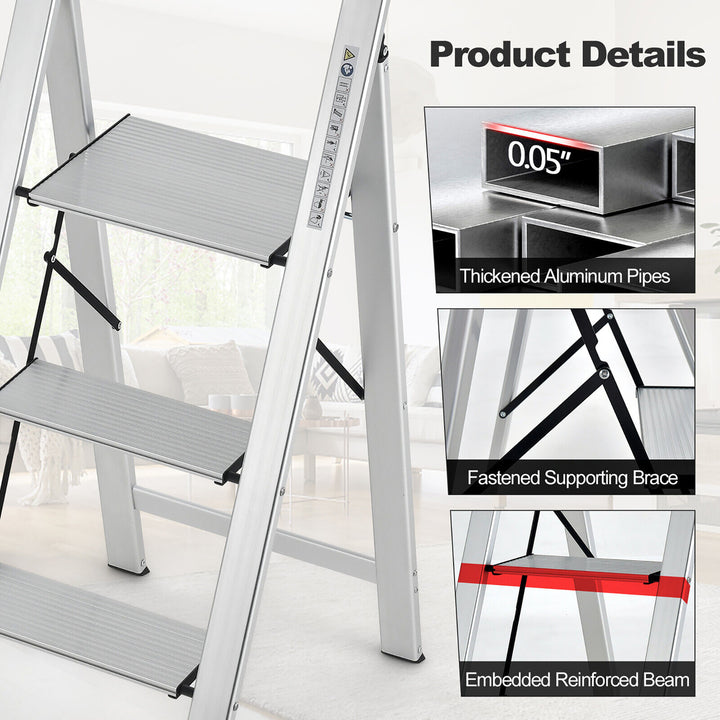 3 Step Ladder Aluminum Folding Step Stool 330lbs Lightweight w/ Non-Slip Pedal Image 9