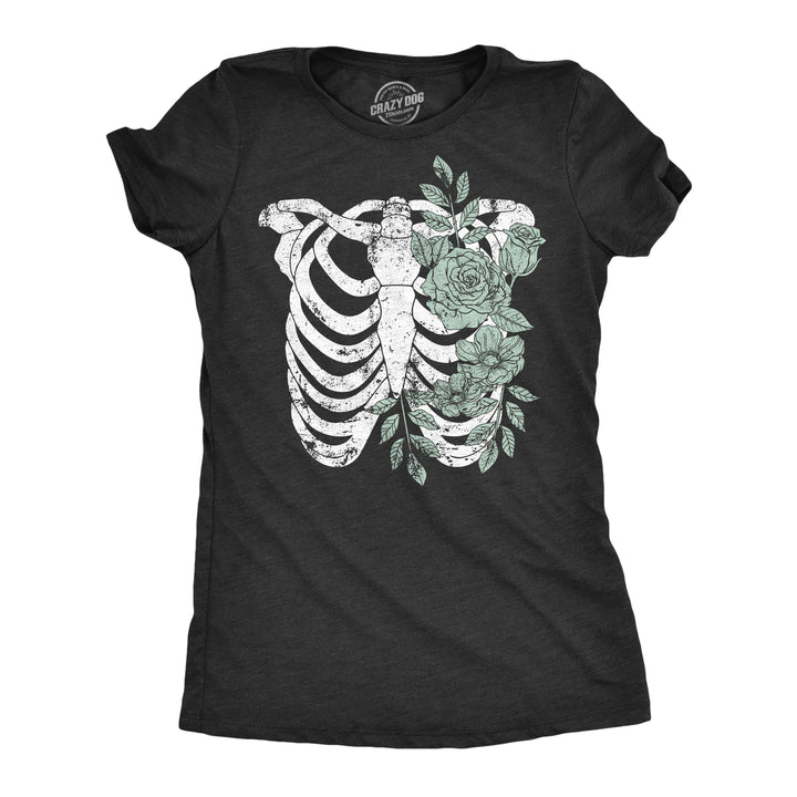 Womens Floral Ribcage T Shirt Funny Halloween Skeleton Flower Ribs Tee For Ladies Image 1