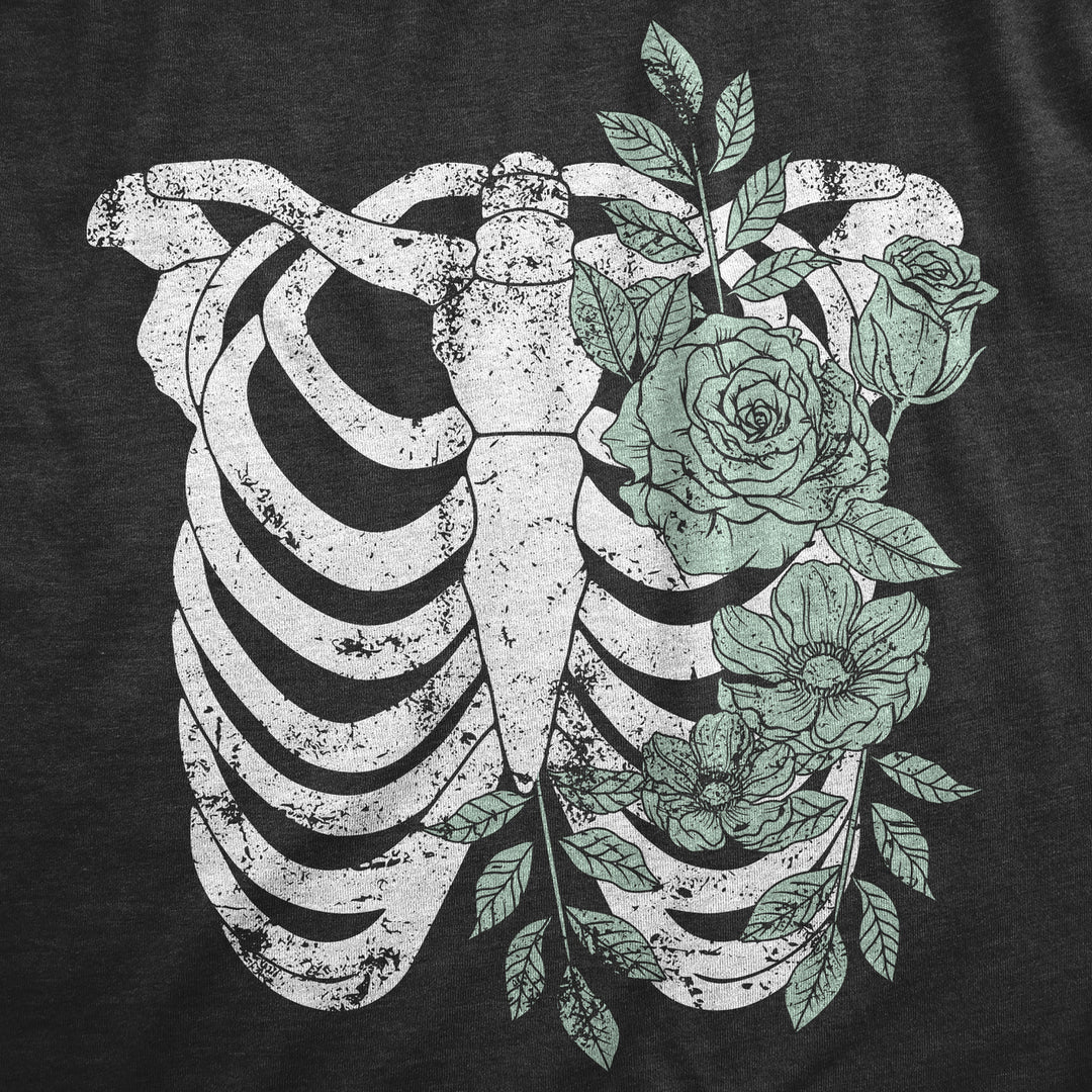 Womens Floral Ribcage T Shirt Funny Halloween Skeleton Flower Ribs Tee For Ladies Image 2