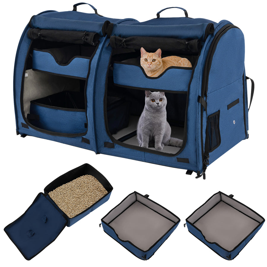 Portable Pet Carrier Kennel Cat Dog Crate Twin Compartments w/ Mats Litter Box Navy Blue Image 1