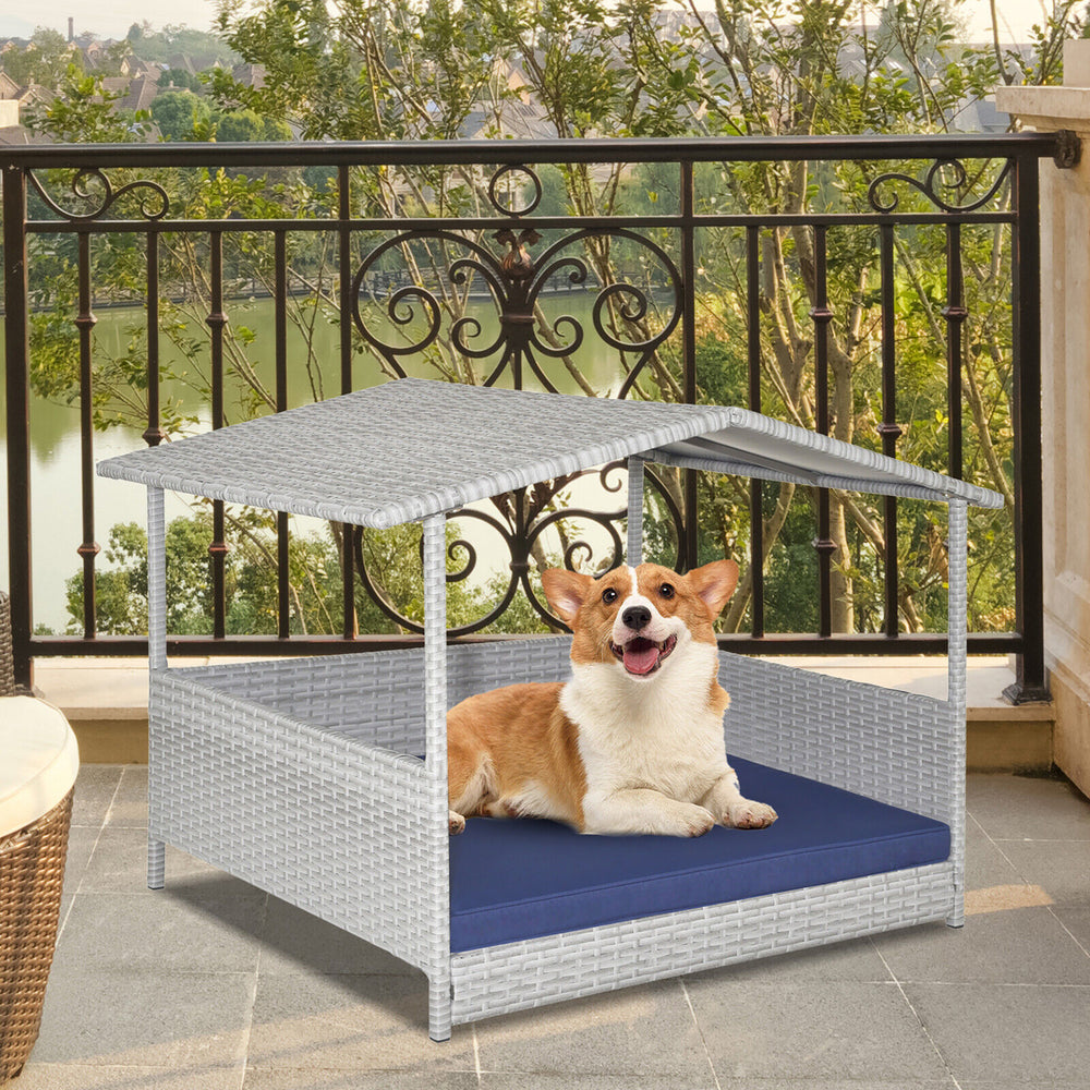 Wicker Dog House Weather-Resistant Raised Rattan Pet Bed w/ Detachable Cushion Image 2