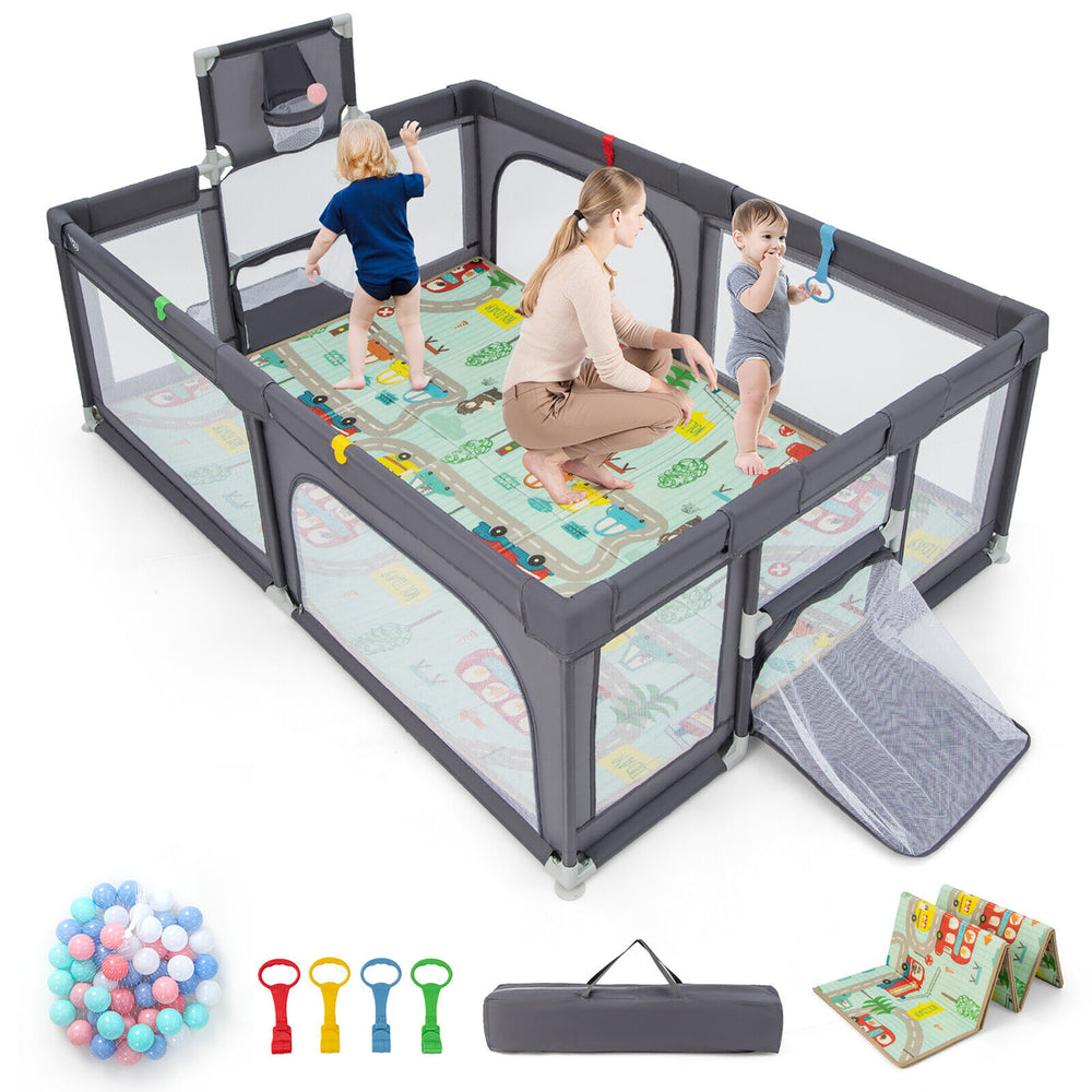 Baby Playpen Large Safe Play Yard Fun Activity Center with Mat and Soccer Nets Image 2