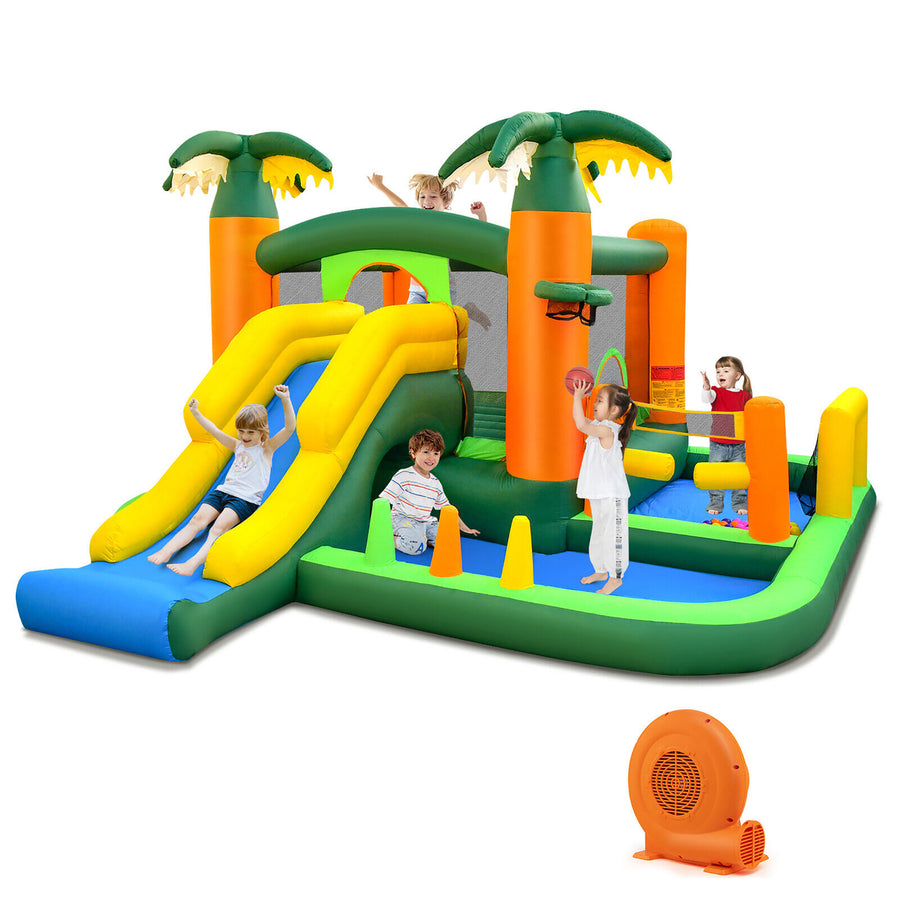 Tropical Inflatable Bounce Castle, 8-in-1 Giant Jumping House w/ 750W Blower Image 1
