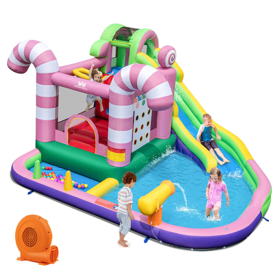 9-in-1 Inflatable Bounce House Sweet Candy Water Slide Park Pool w/ 680W Blower Image 1