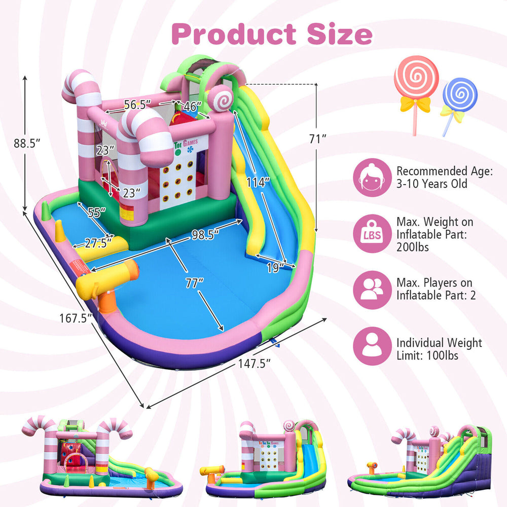 9-in-1 Inflatable Bounce House Sweet Candy Water Slide Park Pool w/ 680W Blower Image 2