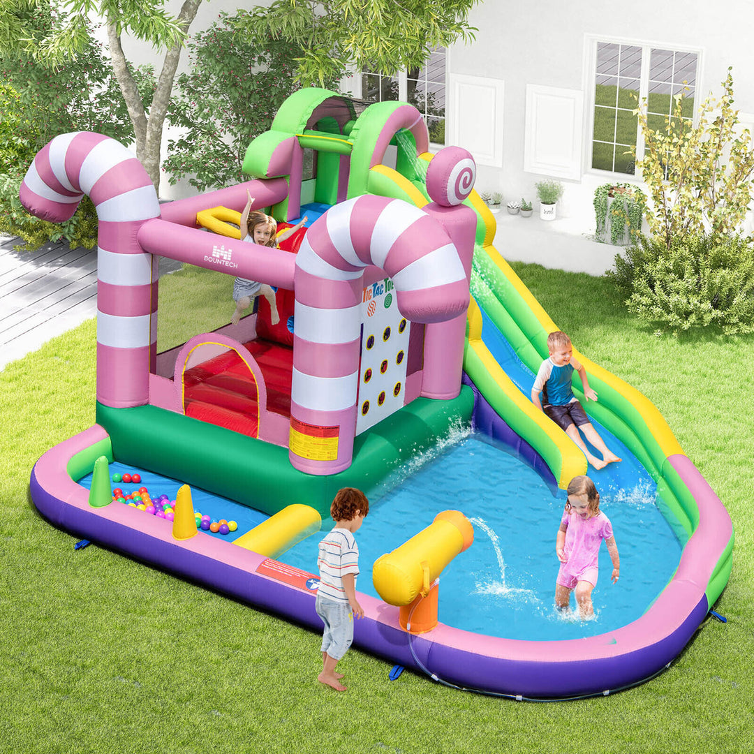 9-in-1 Inflatable Bounce House Sweet Candy Water Slide Park Pool w/ 680W Blower Image 3