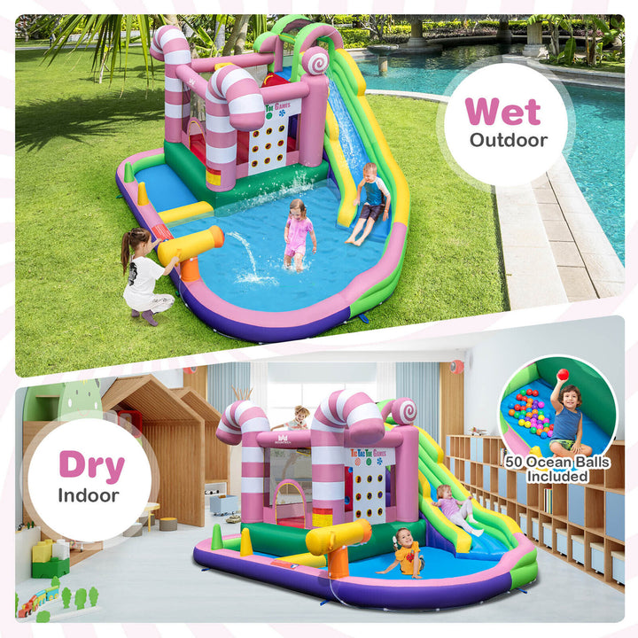 9-in-1 Inflatable Bounce House Sweet Candy Water Slide Park Pool w/ 680W Blower Image 4