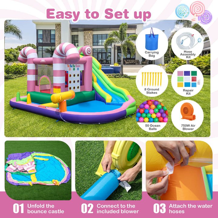 9-in-1 Inflatable Bounce House Sweet Candy Water Slide Park Pool w/ 680W Blower Image 9