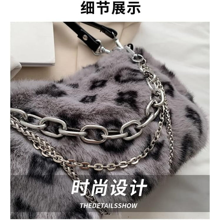 2022  Leopard Print Plush Shoulder Cross-body Bag Fashion Chain One-shoulder Armpit Tote Y2K Purse Hobo Bag Image 4