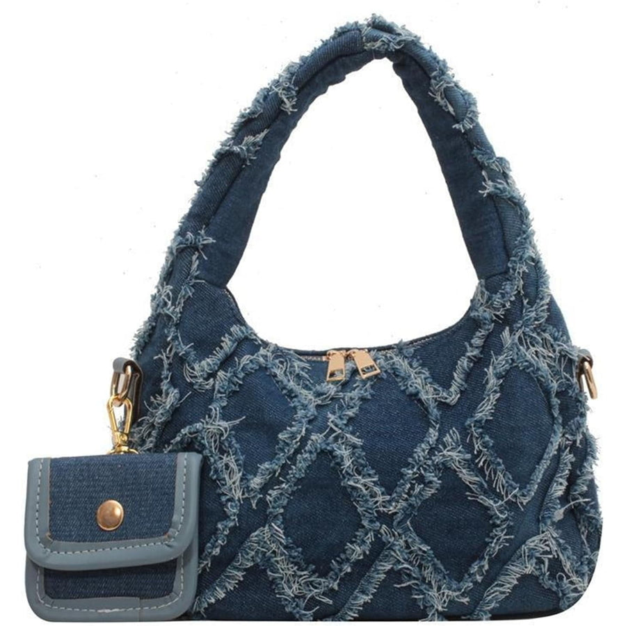 Women Small Shoulder Bags Quilted Crossbody Distressed Jean Denim Purse Evening Bag Clutch Handbag with Chain Strap Image 1