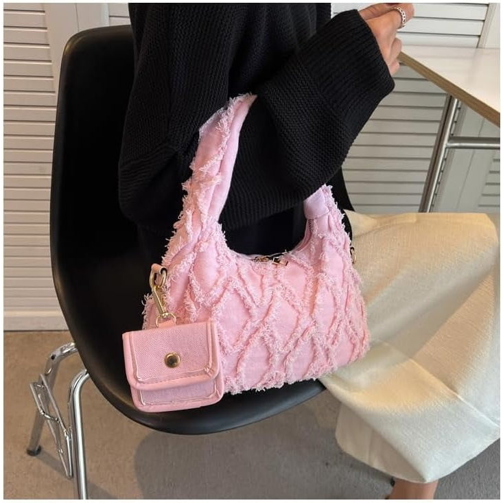 Women Small Shoulder Bags Quilted Crossbody Distressed Jean Denim Purse Evening Bag Clutch Handbag with Chain Strap Image 3