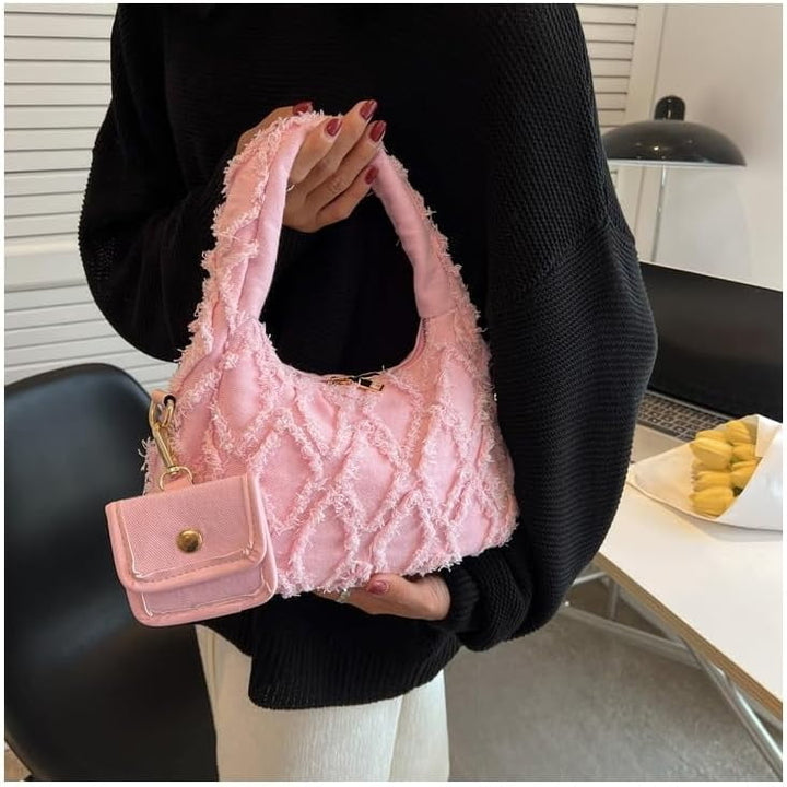 Women Small Shoulder Bags Quilted Crossbody Distressed Jean Denim Purse Evening Bag Clutch Handbag with Chain Strap Image 4