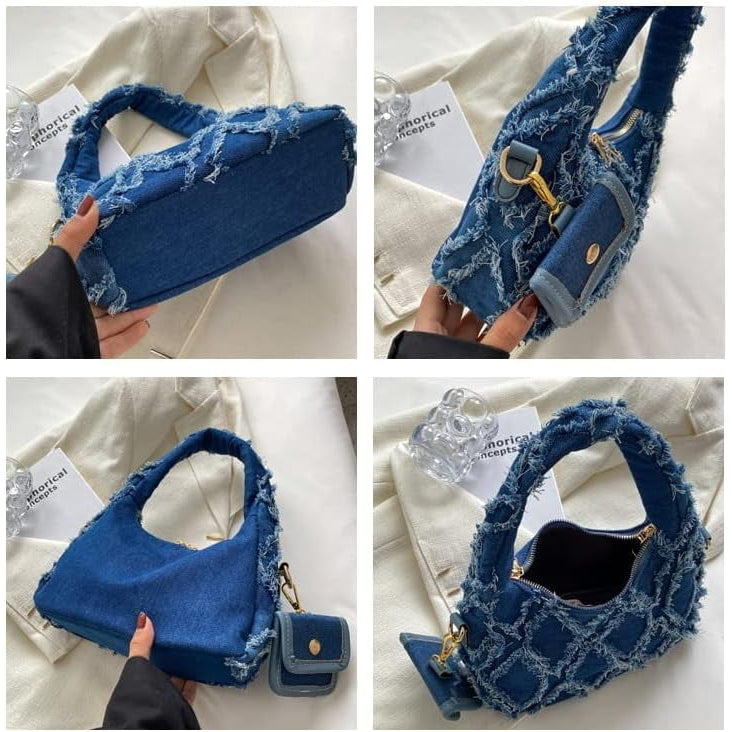 Women Small Shoulder Bags Quilted Crossbody Distressed Jean Denim Purse Evening Bag Clutch Handbag with Chain Strap Image 4