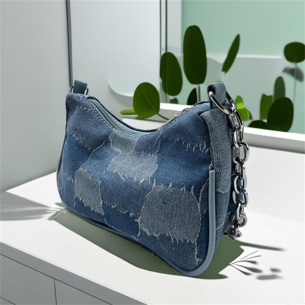 Womens Vintage Classic Semi-Round Denim Crossbody Bag Shoulder Bag with Zip Closure Image 2