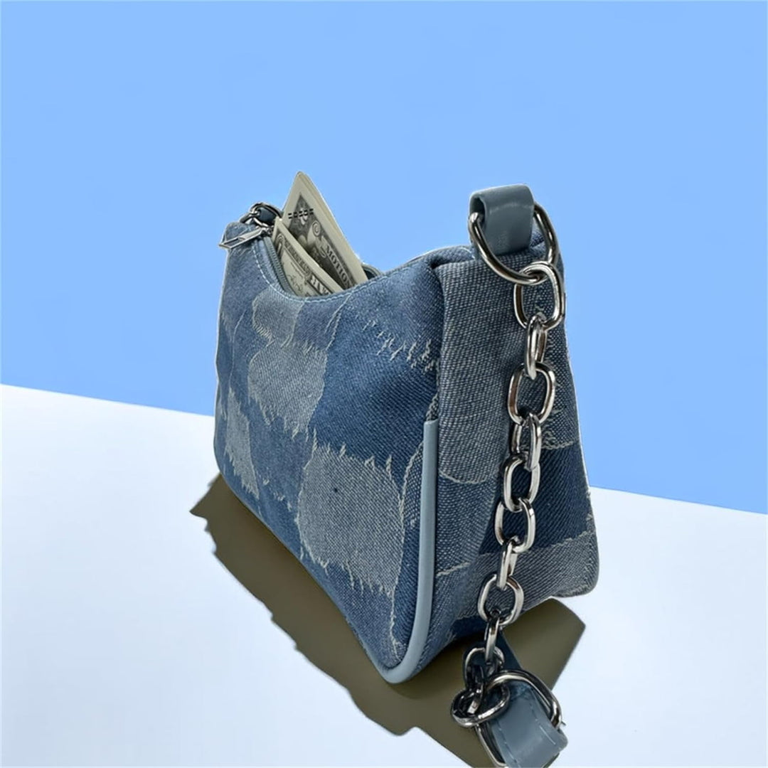 Womens Vintage Classic Semi-Round Denim Crossbody Bag Shoulder Bag with Zip Closure Image 4