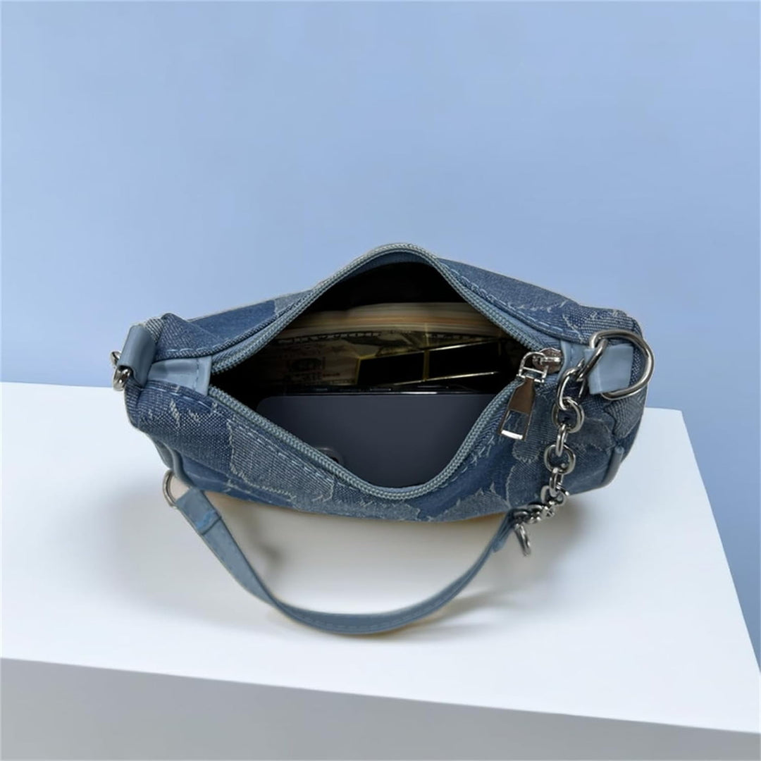 Womens Vintage Classic Semi-Round Denim Crossbody Bag Shoulder Bag with Zip Closure Image 4