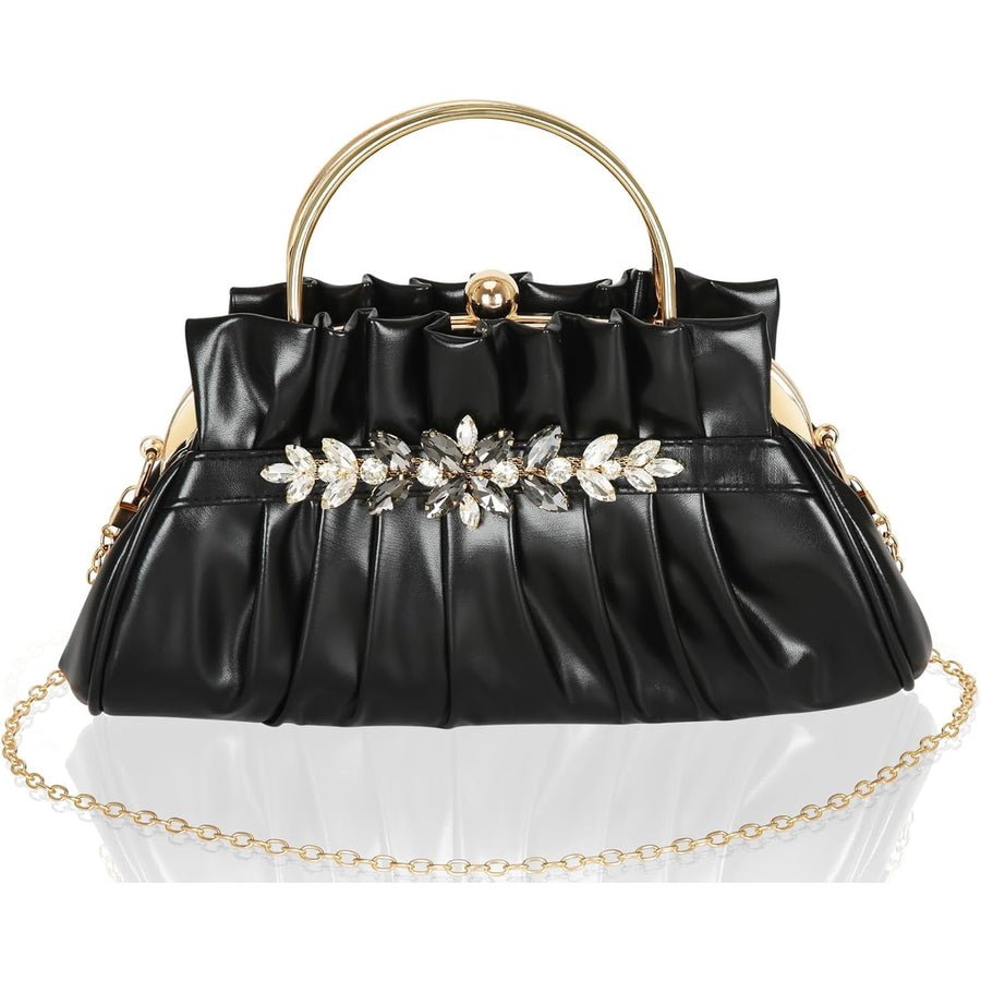 Crystal Rhinestone Evening Bags Womens Pleated Clutch Purses Vintage Leather Handbags Image 1