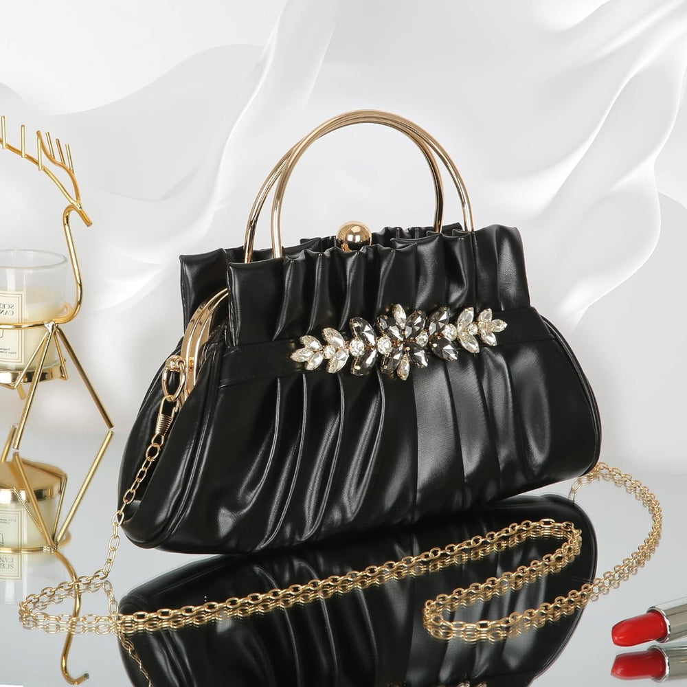 Crystal Rhinestone Evening Bags Womens Pleated Clutch Purses Vintage Leather Handbags Image 2