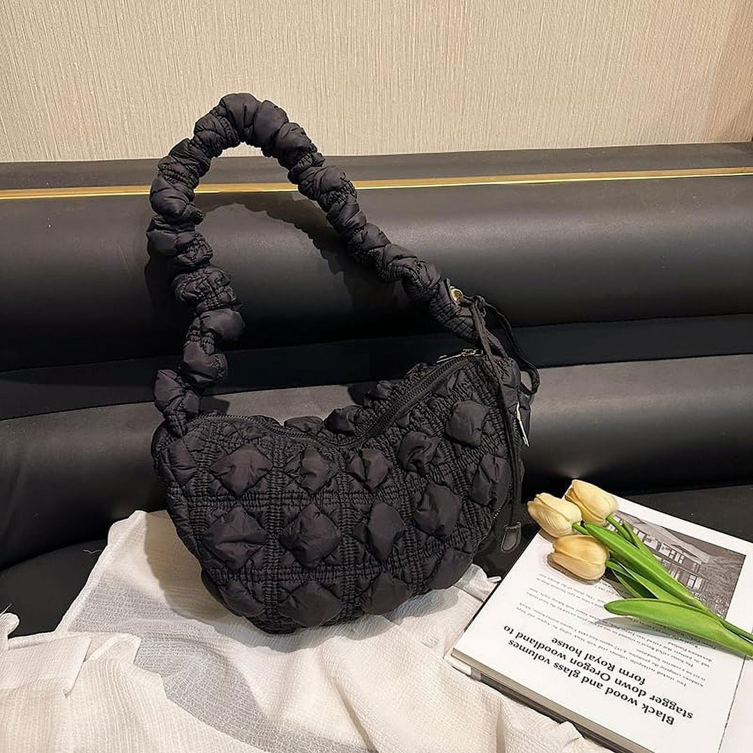 Puffer Tote Bag Fuffy Crescent Crossbody Nylon Small Purse Hobo Shoulder Quilted Handbag Cotton Padded Bag Work Travel Image 7