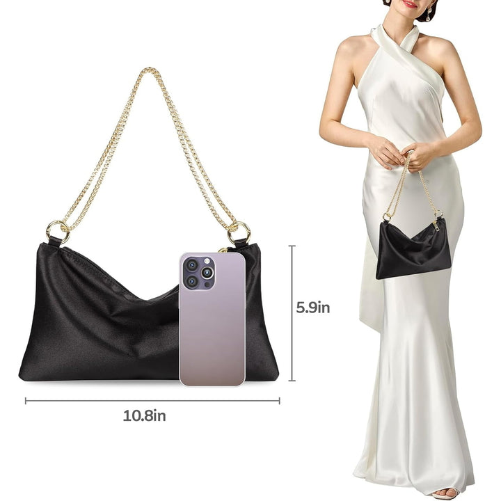 Women Satin Evening Handbag Wedding Prom Clutch Purse Formal Cocktail Party Clutches Shoulder Bag with 2 Bag Chains Image 4