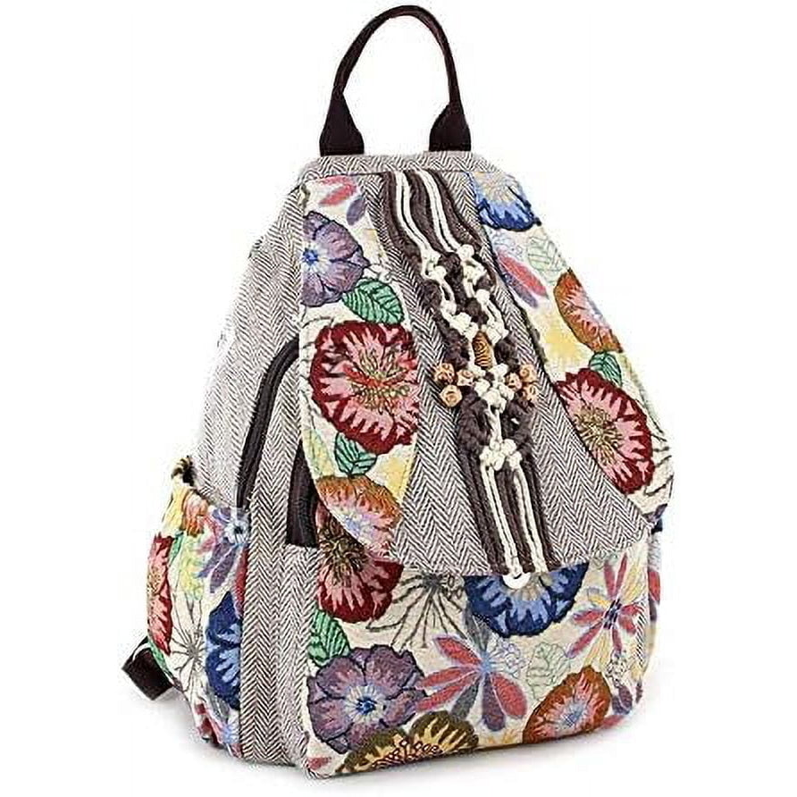 Womens Hippie Cotton Hemp Cloth Backpack Boho Vintage Embroidered Casual Purse Handbags Messenger Bag Mushroom Beige Red Image 8