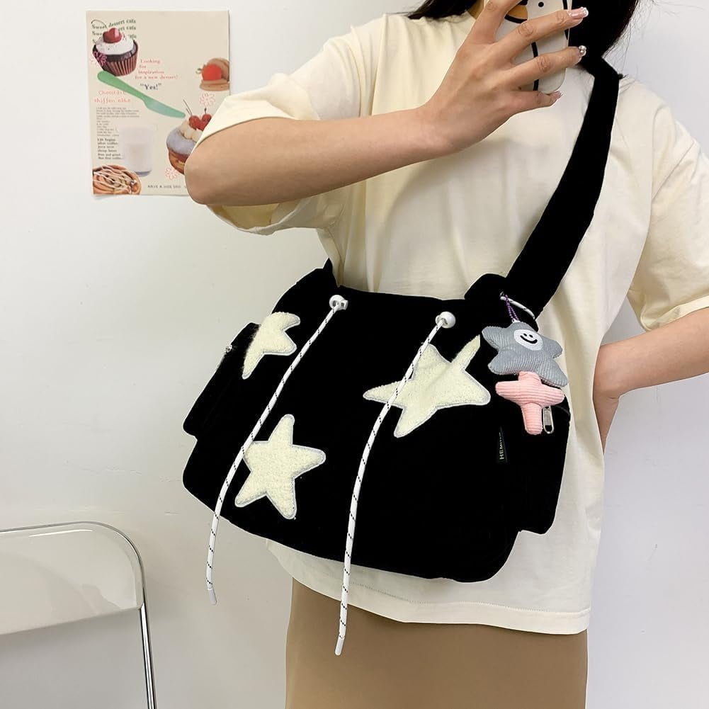 Cute Messenger Bag Aesthetic Canvas Crossbody Bag Y2K Star Shoulder Purse for Women Girls School Image 4