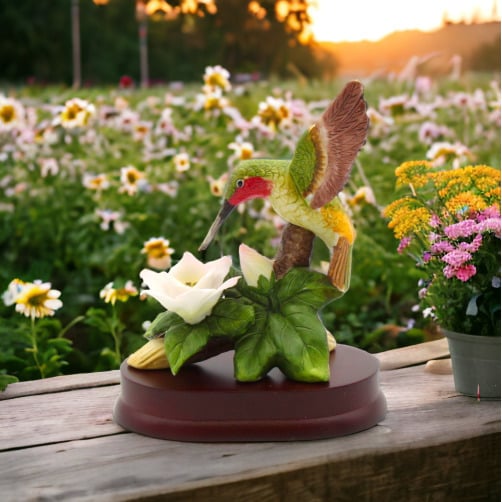 Ceramic Hummingbird Figurine with Cherry Blossom Flower Wood Base 5.25" Decor Gift Image 1