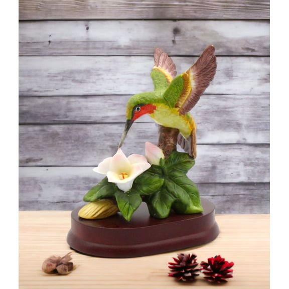 Ceramic Hummingbird Figurine 5.25in Magnolia Flower Wood Base Gift Image 1