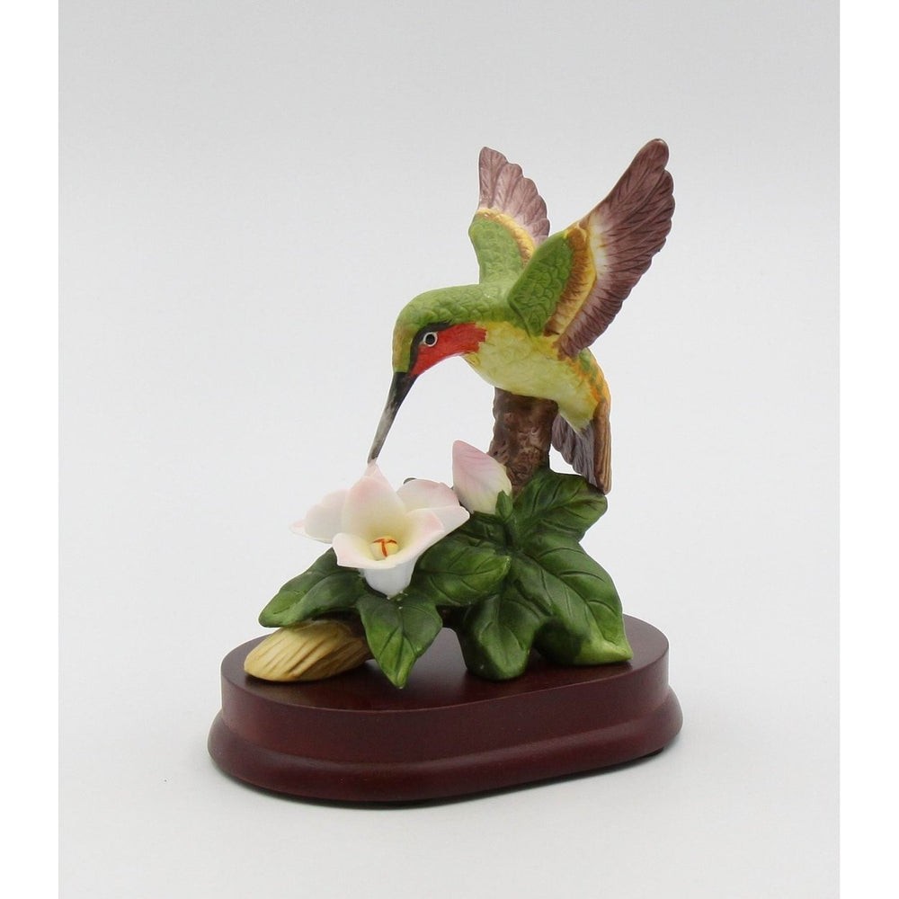 Ceramic Hummingbird Figurine 5.25in Magnolia Flower Wood Base Gift Image 2