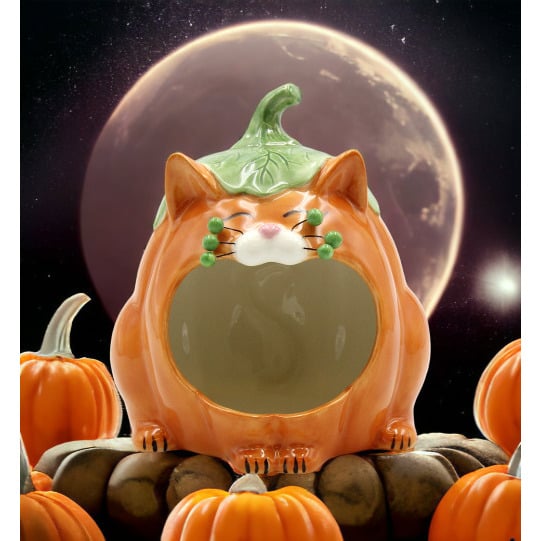 Ceramic Pumpkin Cat Candy Bowl Key Holder 6.5in Fall Halloween Gift Image 1