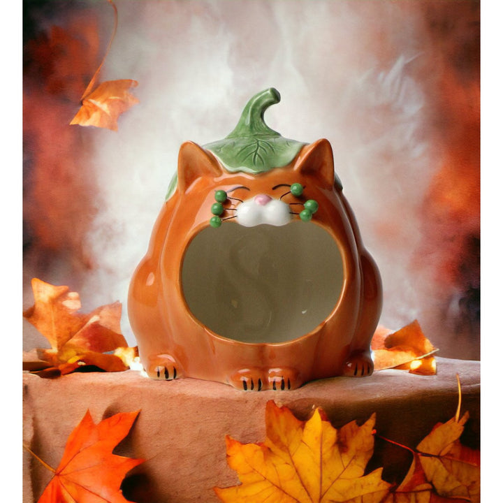 Ceramic Pumpkin Cat Candy Bowl Key Holder 6.5in Fall Halloween Gift Image 2