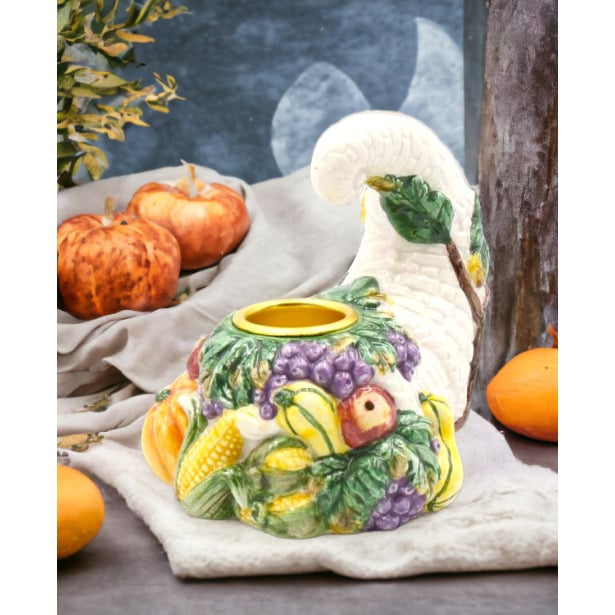 Ceramic Fall Harvest Candle Holder 3.25in Farmhouse Thanksgiving Gift Image 1