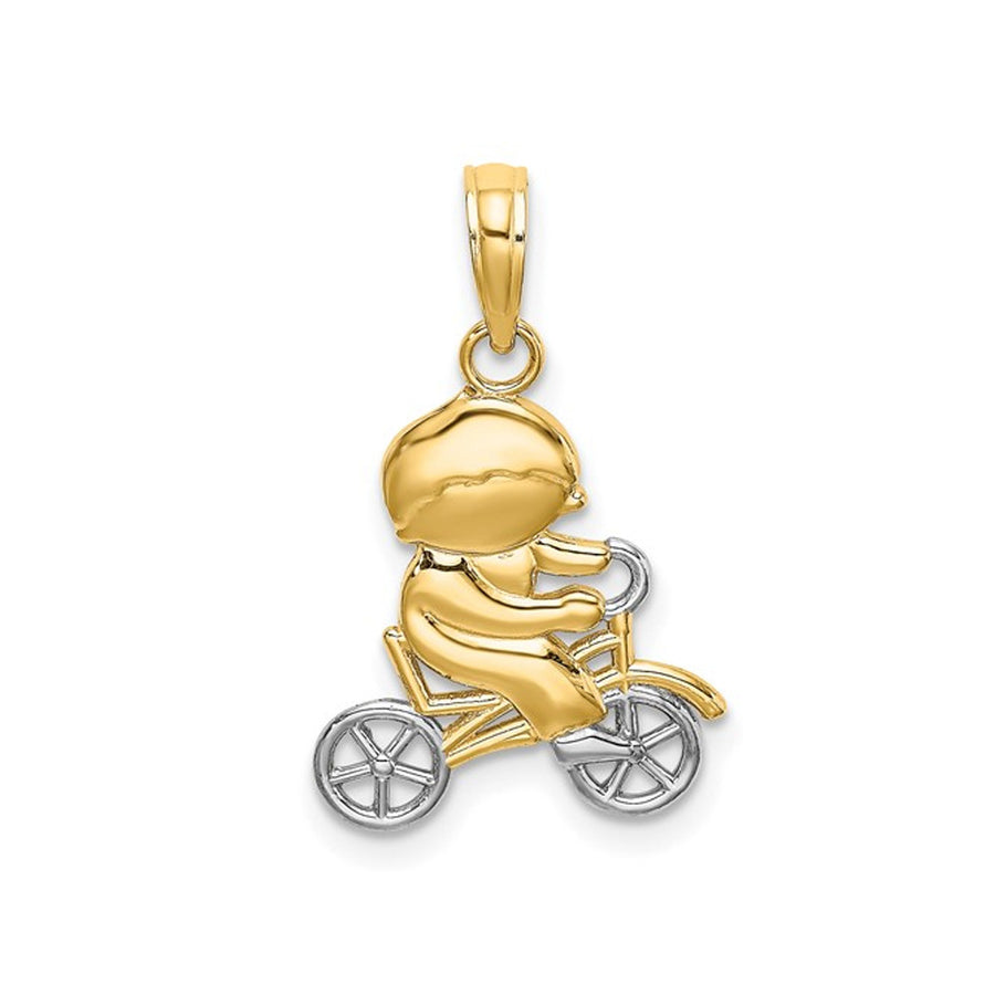 14K Yellow Gold Polished Boy On Bicycle Charm Pendant (NO Chain) Image 1