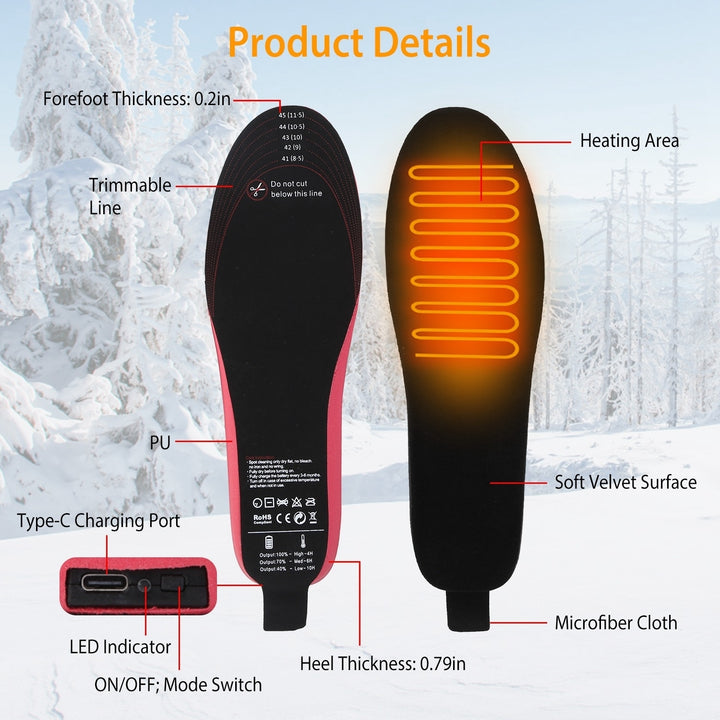 Heated Insoles Electric Foot Warmer Black Trimmable Rechargeable 3000mAh US 4-12 Image 3