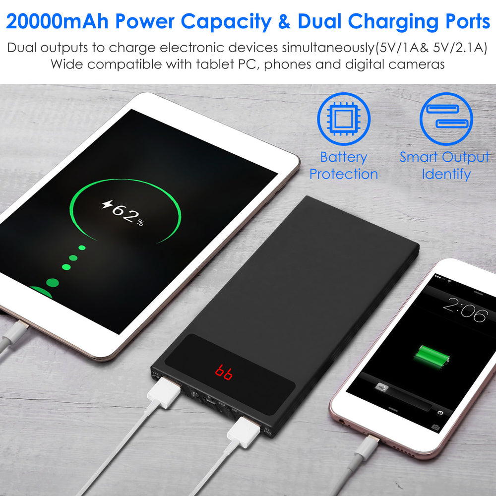 20000mAh Power Bank Ultra-thin External Battery Pack Phone Charger Dual USB Ports Flashlight Battery Remain Display Image 2