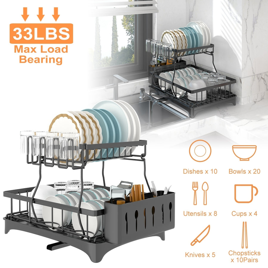 Dish Drying Rack with Drainboard Detachable 2-Tier Dish Rack Drainer Organizer Set with Utensil Holder Cup Rack Swivel Image 1