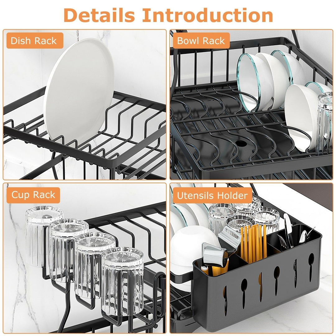 2-Tier Dish Drying Rack with Drainboard Black Carbon Steel Detachable Utensil Holder Image 4