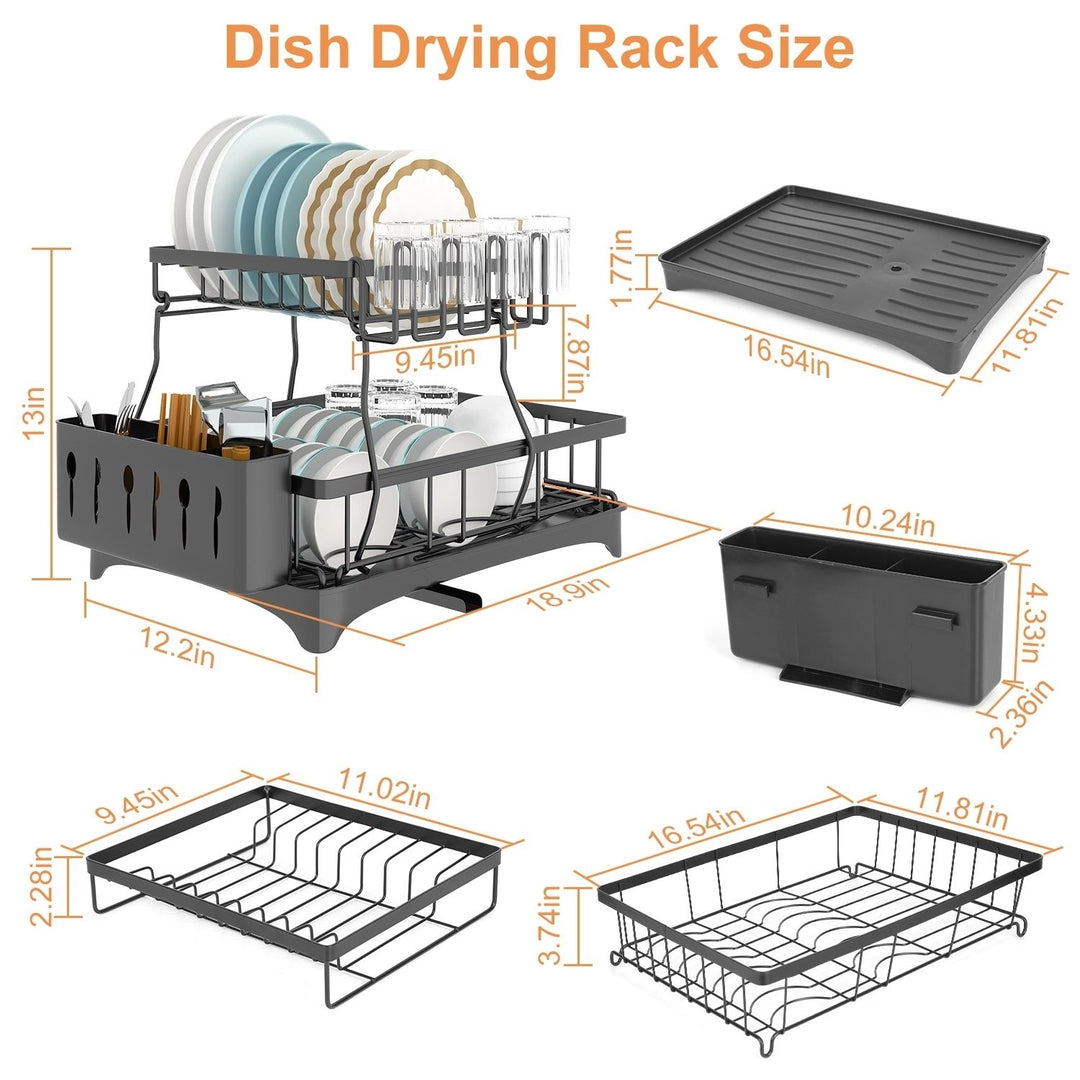 2-Tier Dish Drying Rack with Drainboard Black Carbon Steel Detachable Utensil Holder Image 6