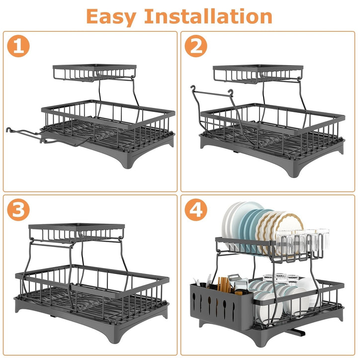 2-Tier Dish Drying Rack with Drainboard Black Carbon Steel Detachable Utensil Holder Image 8