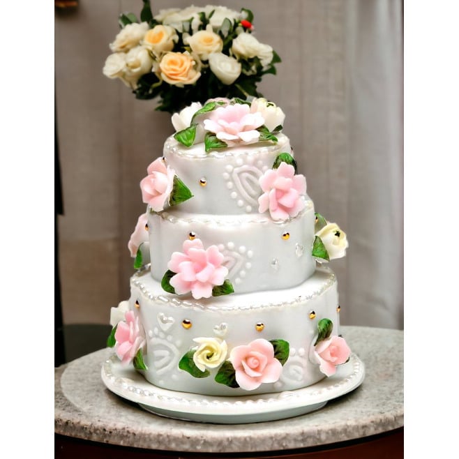 Ceramic Wedding Cake Jewelry Box with Rose Flowers 3 inch Home Image 1