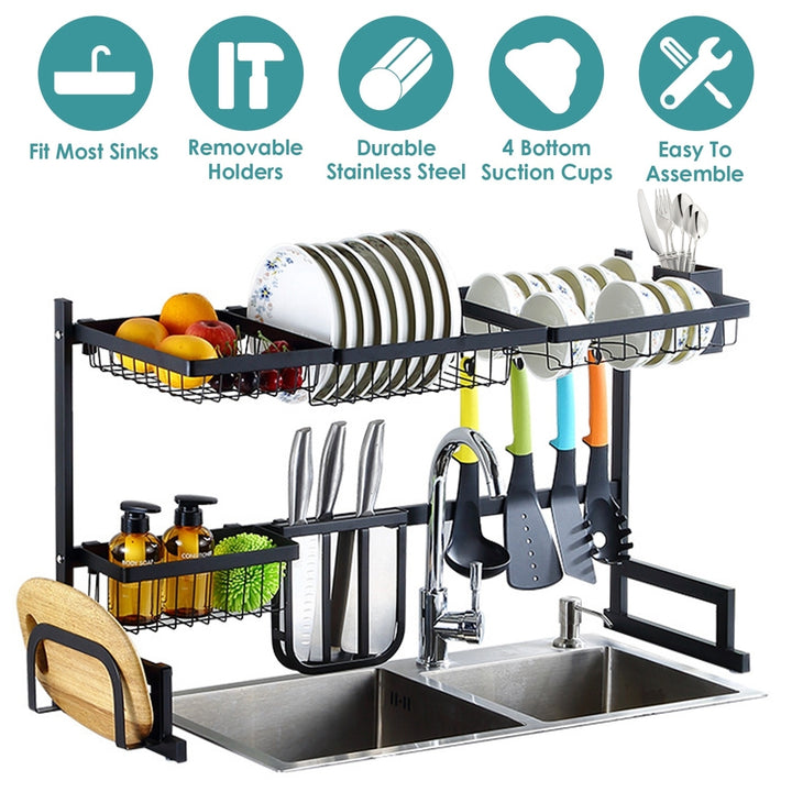 2-Tier Over Sink Dish Drying Rack Drainer Utensil Organizer Holder Tableware Organizer Large Dish Rack  Kitchen Image 1