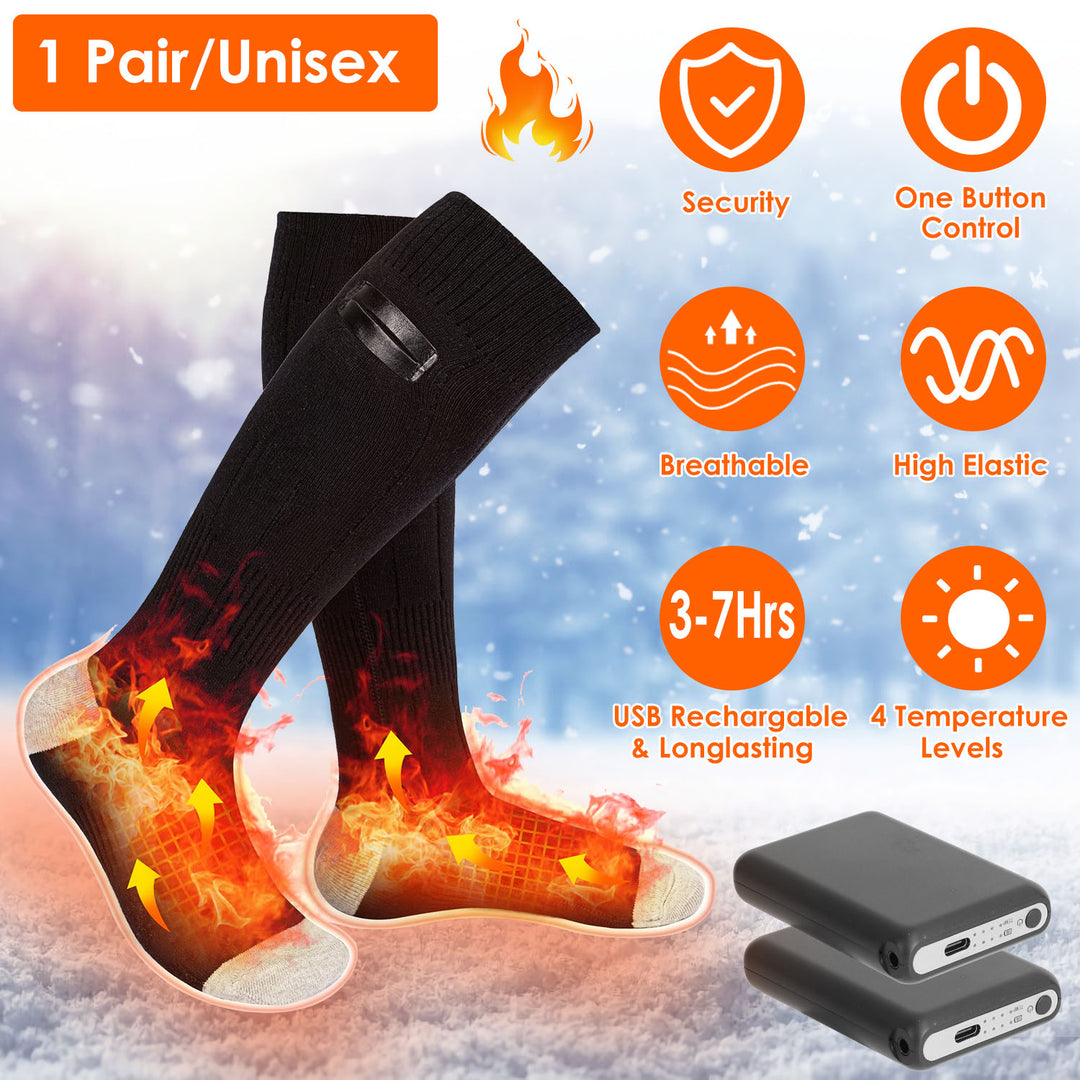 Electric Heated Socks USB Rechargeable 4 Temperature Levels Black for Men Women Image 1