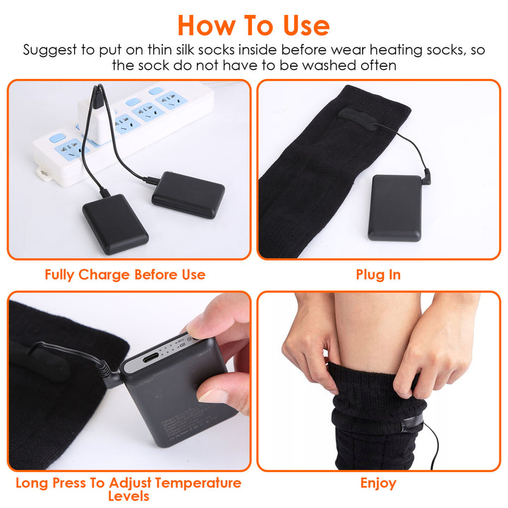 Electric Heated Socks USB Rechargeable 4 Temperature Levels Black for Men Women Image 3